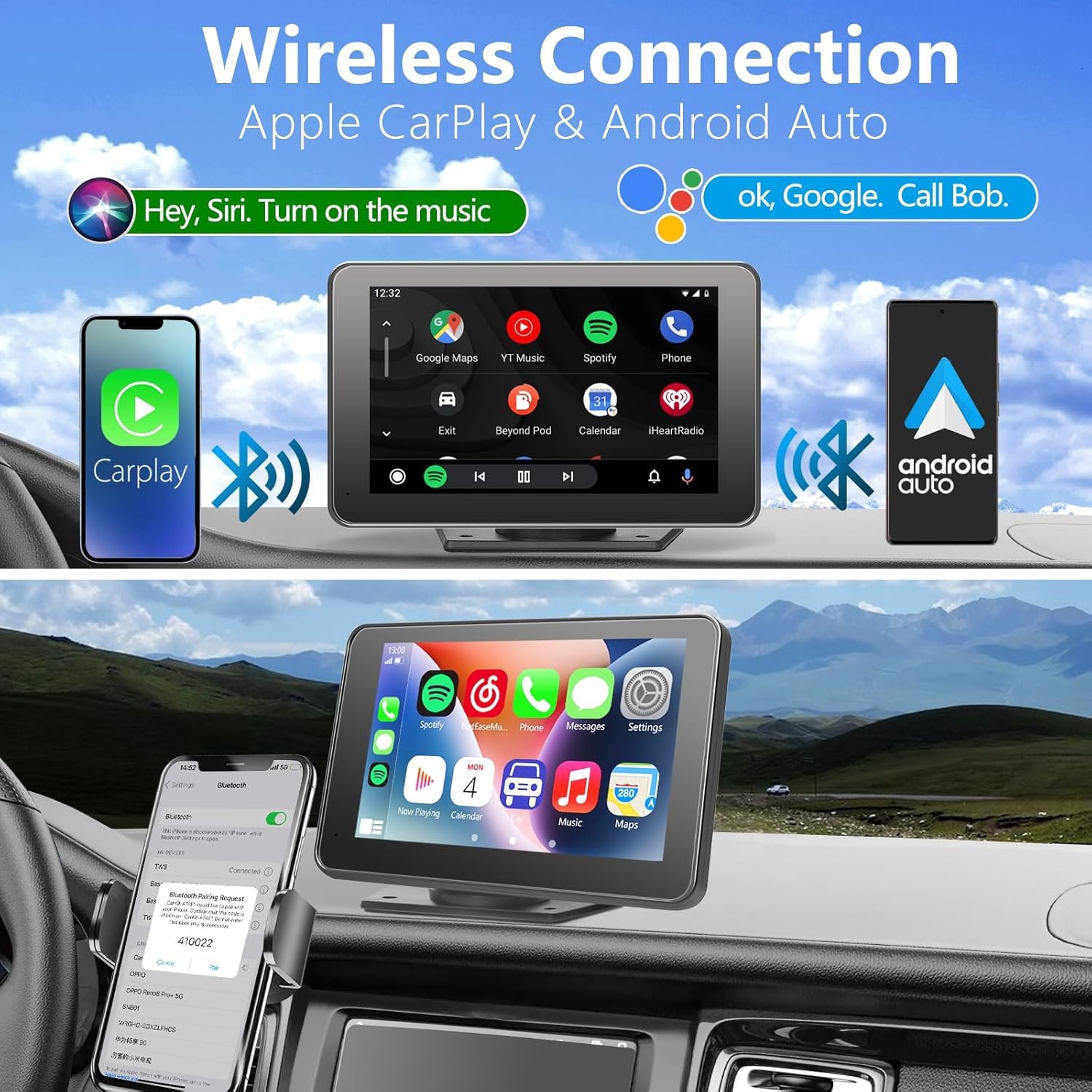 Paslda Portable Newest Wireless Apple Carplay And Android Auto Screen For Car, 7'' Hd Touch Screen Car Stereo With Mirror Link,
